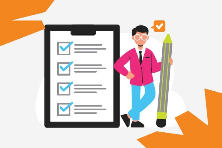 An illustration of a man next to a checklist for a social media management agency