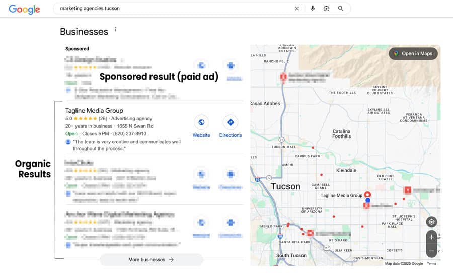 Image of organic search results shown on the Google Map