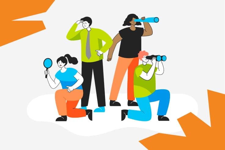 Illustration of people looking in different directions trying to find an Advertising Agency