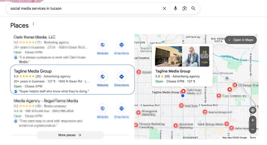 image of Google results with a map due to local SEO, showing a company that offers Social Media services in Tucson